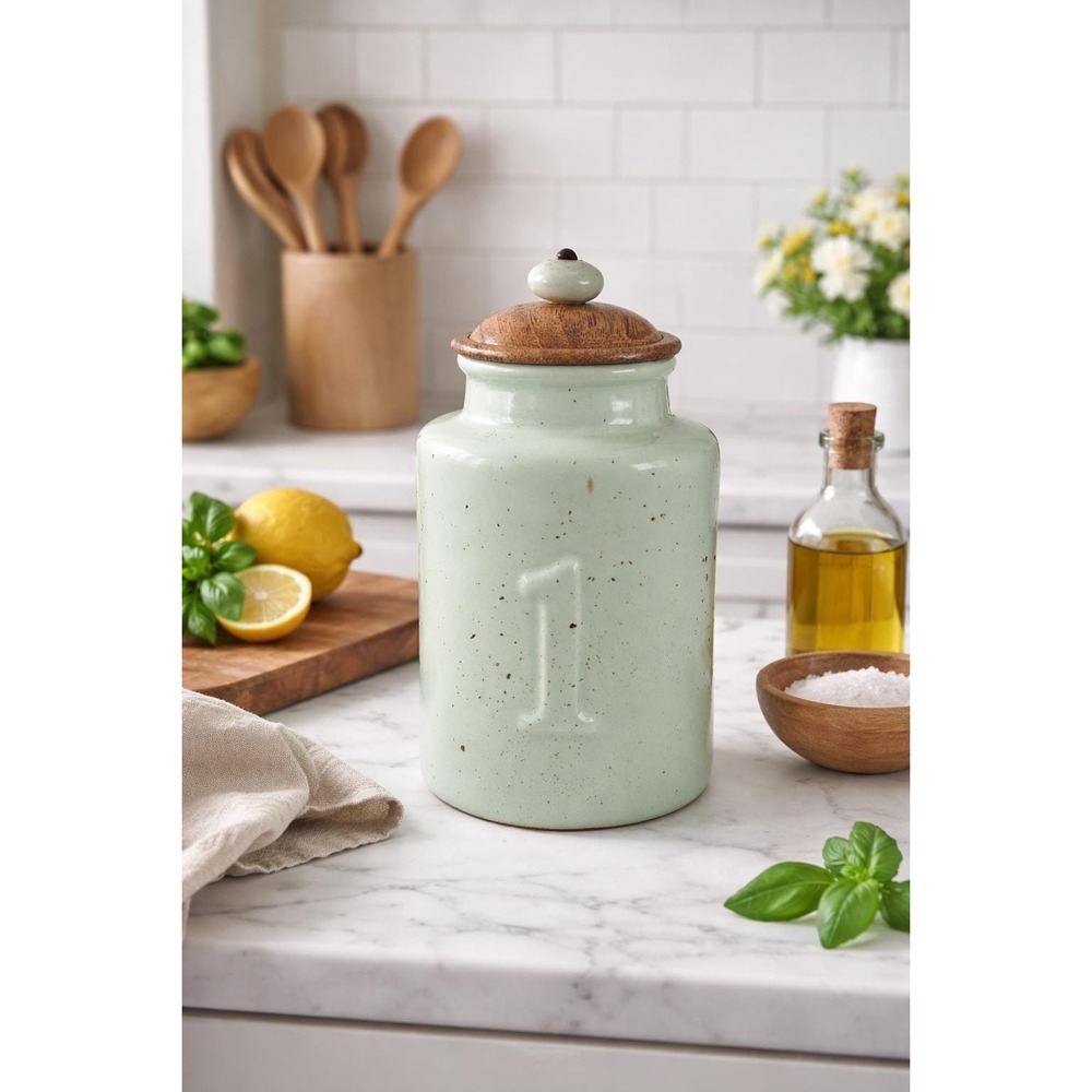 Vintage Pier 1 Mint Green Speckled Canister with Wooden Lid